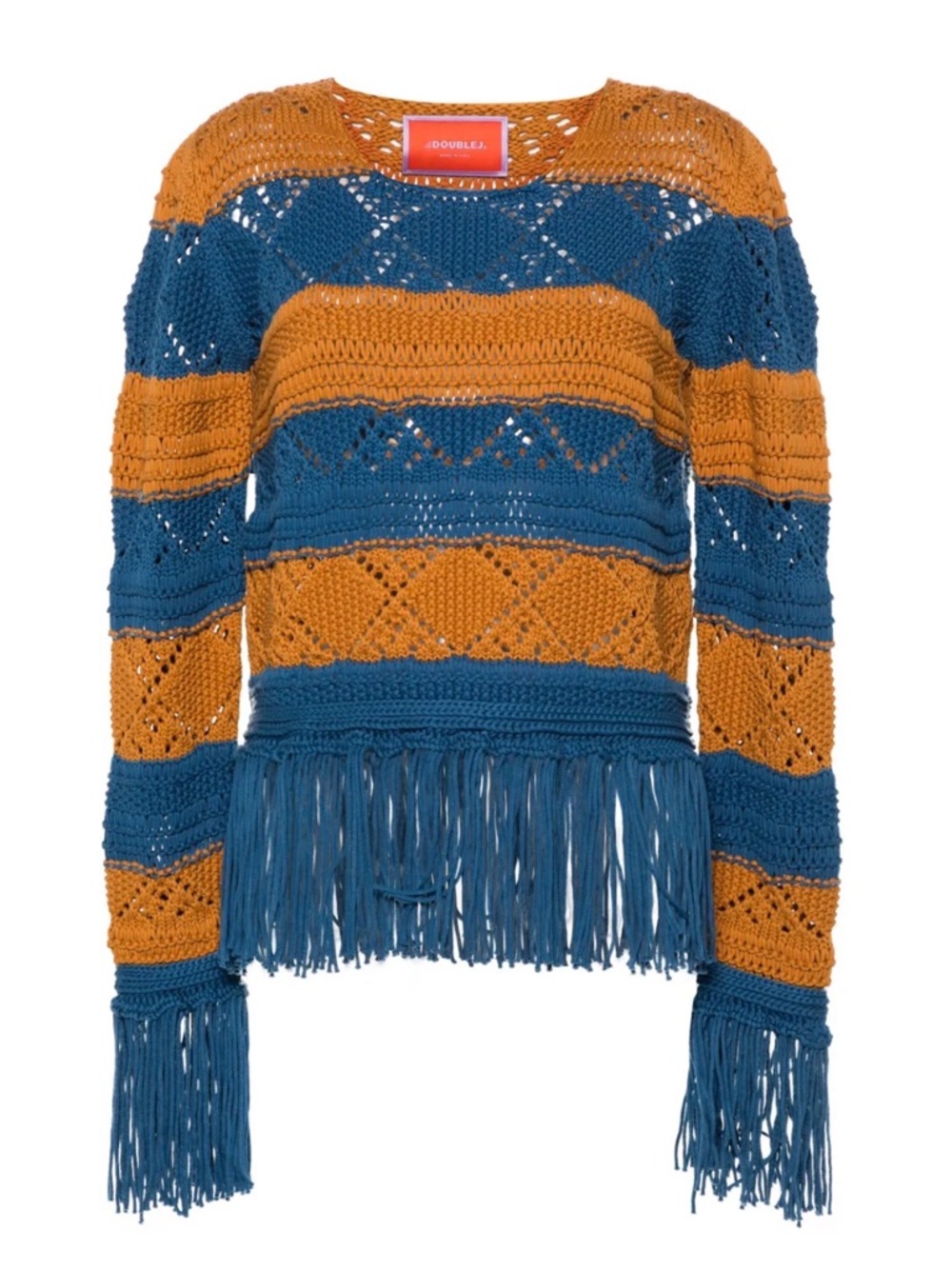 LA DoubleJ Teal and Mustard Fringe-Trim Open Knit Sweater